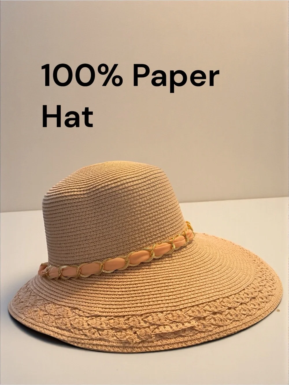 Boho Straw Sun Hat Peach Bow Gold Chain Wide Brim Beach Vacation Paper Hat